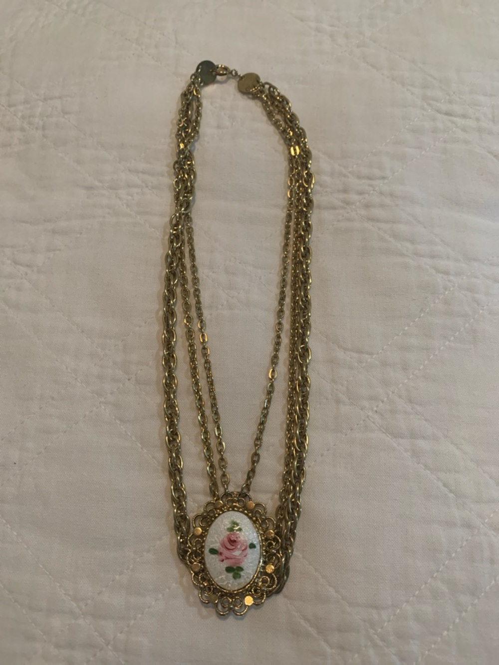 Vintage Gold-Toned Multi-Chain Necklace with Pink Rose Cameo